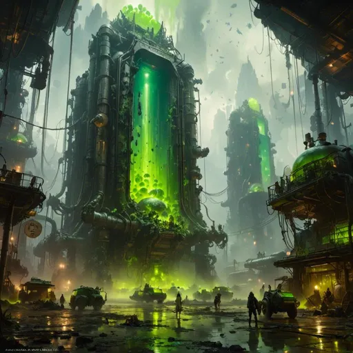 Prompt: A <mymodel> a concept environment art landscape  

of a gloomy and somber 
plaza

with a towering monolith ark 

full of oozing green glass tanks 

shedding flaring volumetric light shafts throughout the darkness 

of a threatening noxious toxic  wasteland metropolis engulfed by a rainstorm

, a stunning Donato Giancola masterpiece in post-apocalyptic sci-fi dieselpunk artstyle by Anders Zorn and Joseph Christian Leyendecker 

, neat and clear tangents full of negative space 

, ominous dramatic lighting with detailed shadows and highlights enhancing depth of perspective and 3D volumetric drawing

, colorful vibrant painting in HDR with shiny shimmering reflections