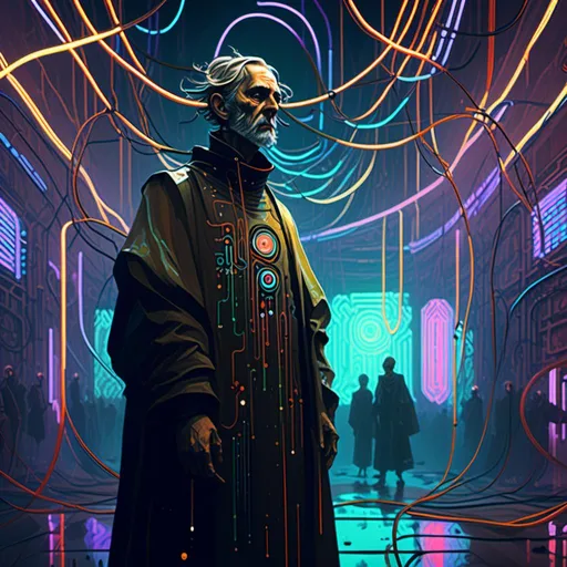 Prompt: An ominous and gloomy 

Priest 
in the  middle of a doomed asylum

full of hanging hoses and multicolored neon circuitry glowing in the  darkness

, a stunning Alphonse Mucha's masterpiece in <mymodel> sci-fi retro-futuristic  art deco artstyle by Anders Zorn and Joseph Christian Leyendecker

, neat and clear tangents full of negative space 

, a dramatic lighting with detailed shadows and highlights enhancing depth of perspective and 3D volumetric drawing

, a  vibrant and colorful high quality digital  painting in HDR