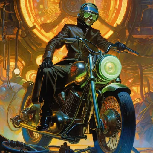 Prompt: An ominous and gloomy 

Atompunk rider
in the  middle of a doomed junkyard

full of hanging hoses and multicolored neon circuitry glowing in the  darkness

, a stunning Alphonse Mucha's masterpiece in <mymodel> sci-fi retro-futuristic  art deco artstyle by Anders Zorn and Joseph Christian Leyendecker

, neat and clear tangents full of negative space 

, a dramatic lighting with detailed shadows and highlights enhancing depth of perspective and 3D volumetric drawing

, a  vibrant and colorful high quality digital  painting in HDR