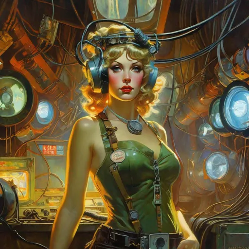 Prompt: An ominous and gloomy 

Atompunk electrician pin-up 
in the  middle of  a doomed junkyard

full of TV tubes with hanging 
 cables and multicolored neon circuitry glowing in the  darkness

, a stunning Alphonse Mucha's masterpiece in <mymodel> sci-fi retro-futuristic  art deco artstyle by Anders Zorn and Joseph Christian Leyendecker

, neat and clear tangents full of negative space 

, a dramatic lighting with detailed shadows and highlights enhancing depth of perspective and 3D volumetric drawing

, a  vibrant and colorful high quality digital  painting in HDR