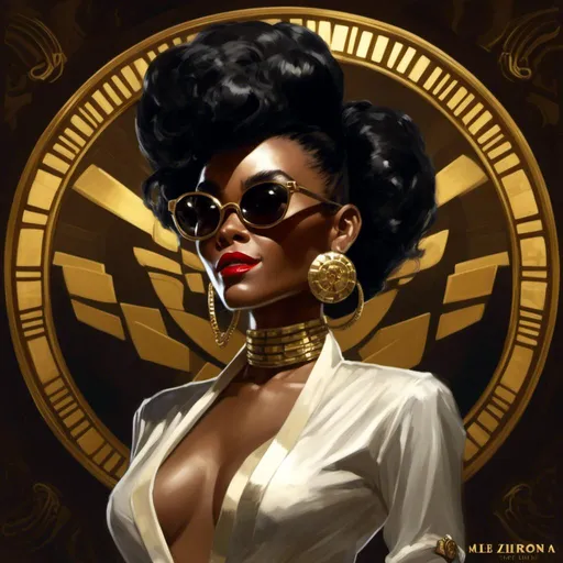 Prompt: A <mymodel> a concept character design portrait of janelle monae as an ominous scary african swindler pin-up with round sunglasses making a malicious silly smile in the middle of a gloomy and somber unlit dark room

, a stunning Donato Giancola masterpiece in brutal vintage art deco artstyle by Anders Zorn and Joseph Christian Leyendecker 

, neat and clear tangents full of negative space 

, ominous dramatic lighting with detailed shadows and highlights enhancing depth of perspective and 3D volumetric drawing

, colorful vibrant painting in HDR with shiny shimmering reflections