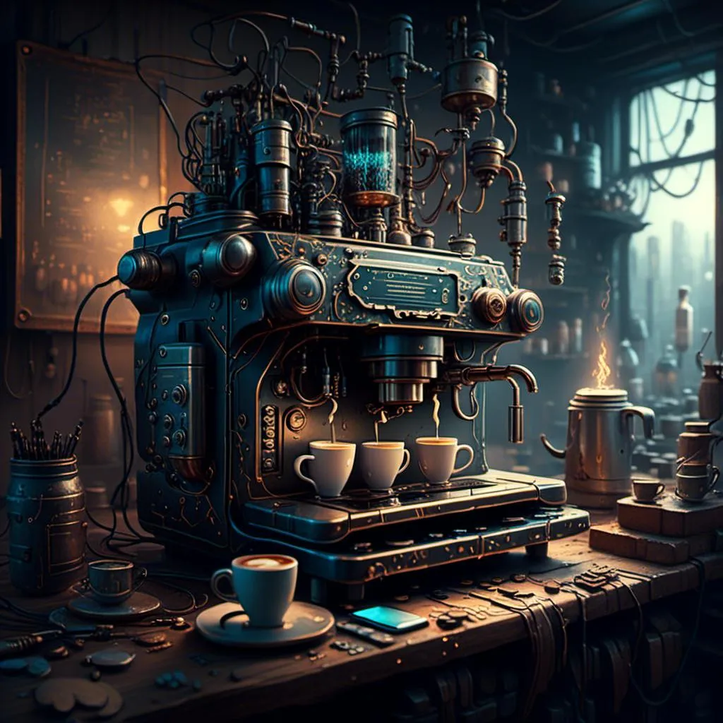 Prompt: An coffee machine full of circuitry

, a stunning John Avon's masterpiece in <mymodel>   artstyle by Brian Mashburn and Gustave Dore