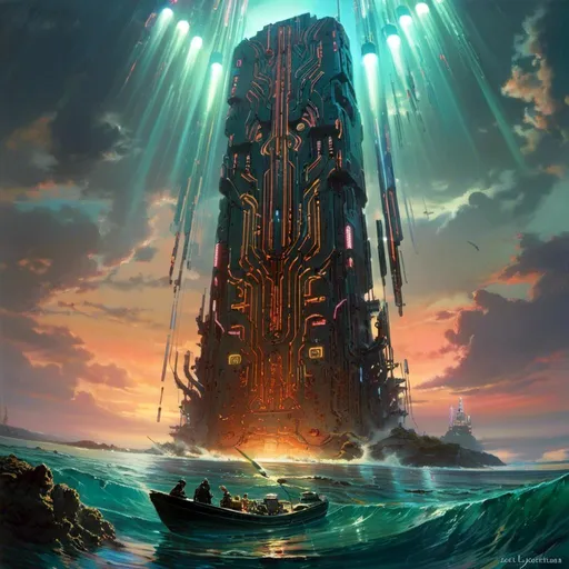 Prompt: A threatening sinister monolith 
full of multicolored circuitry carvings shedding flaring volumetric light shafts in the darkness of gloomy underwater coral reef 

, a stunning John Avon masterpiece in <mymodel> retro-futuristic sci-fi arc deco artstyle by Anders Zorn and Joseph Christian Leyendecker 

, neat and clear tangents full of negative space 

, ominous dramatic lighting with detailed shadows and highlights enhancing depth of perspective and 3D volumetric drawing

, colorful vibrant painting in HDR with shiny shimmering reflections