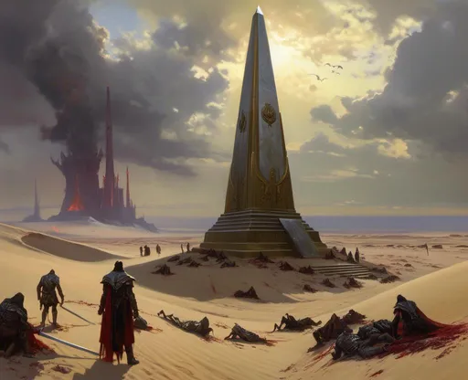 Prompt: The landscape concept environment art of a threatening somber gold and silver obelisk in the middle of gloomy  wasteland dunes full of impaled corpses with gory and bloody remains oozing everywhere


, a stunning Donato Giancola masterpiece in <mymodel> gothic sci-fi artstyle by Anders Zorn and Joseph Christian Leyendecker 

, neat and clear tangents full of negative space 

, ominous dramatic lighting with detailed shadows and highlights enhancing depth of perspective and 3D volumetric drawing

, colorful vibrant painting in HDR