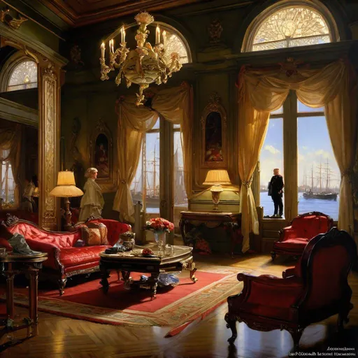 Prompt: An ominous and gloomy 

living room with view to the docks


, a stunning Donato Giancola's masterpiece in <mymodel> barroque rococo artstyle by Anders Zorn and Joseph Christian Leyendecker

, neat and clear tangents full of negative space 

, a dramatic lighting with detailed shadows and highlights enhancing depth of perspective and 3D volumetric drawing

, a  vibrant and colorful high quality digital  painting in HDR