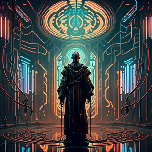 Prompt: An ominous and gloomy 

Priest 
in the  middle of a doomed asylum

full of hanging hoses and multicolored neon circuitry glowing in the  darkness

, a stunning Alphonse Mucha's masterpiece in <mymodel> sci-fi retro-futuristic  atompunk art deco artstyle by Anders Zorn and Joseph Christian Leyendecker

, neat and clear tangents full of negative space 

, a dramatic lighting with detailed shadows and highlights enhancing depth of perspective and 3D volumetric drawing

, a  vibrant and colorful high quality digital  painting in HDR