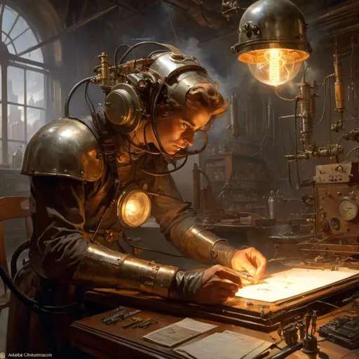 Prompt: The <mymodel> concept art

of an artificer's vintage dieselpunk power fist full of attached fuses with arcing lightnings and glass gauge  meters on the desk of a gloomy inventions workshop 


, a stunning Donato Giancola masterpiece in retro-futuristic dieselpunk artstyle by Anders Zorn and Joseph Christian Leyendecker 

, neat and clear tangents full of negative space 

, ominous dramatic lighting with macabre somber shadows and highlights enhancing depth of perspective and 3D volumetric drawing

, colorful vibrant painting in HDR with shiny shimmering reflections and intricate detailed ambient occlusion