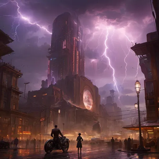 Prompt: A <mymodel> a concept environment art landscape 

of a gloomy and somber 
plaza

with a towering mechanical monolith ark full of vapor streams and glowing arcing lightnings 

shedding flaring volumetric light shafts throughout the darkness 

of a threatening sinister utopian metropolis engulfed by a lightning  rainstorm

, a stunning Alphonse  Mucha masterpiece in retro-futuristic dieselpunk artstyle by Anders Zorn and Joseph Christian Leyendecker 

, neat and clear tangents full of negative space 

, ominous dramatic lighting with macabre somber shadows and highlights enhancing depth of perspective and 3D volumetric drawing

, colorful vibrant painting in HDR with shiny shimmering reflections and intricate detailed ambient occlusion