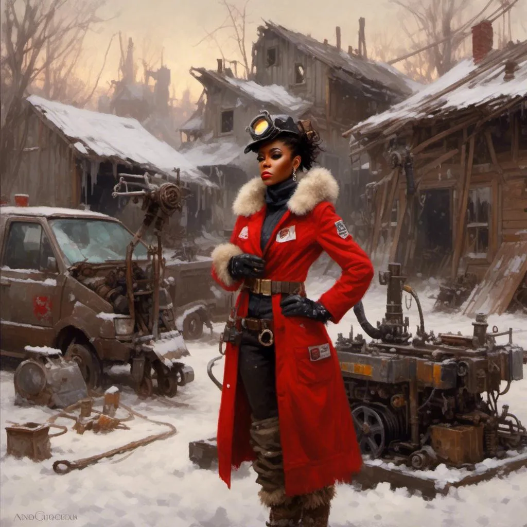 Prompt: A beautiful  <mymodel> portrait 

of Janelle Monae dressed as a mechanic tinkerer 

within a  snowy junkyard
full of hanging hoses and tools

, a stunning Donato Giancola's masterpiece by Anders Zorn and  Joseph Christian Leyendecker