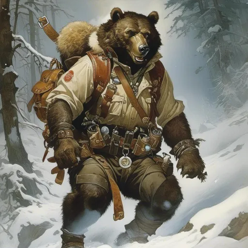 Prompt: A medieval anthropomorphic  werebear 

wearing an artic explorer outfit  with adventuring gear full of pockets and harness holster belts

in the middle  of a  snowstorm

, a stunning Alphonse Mucha's masterpiece in <mymodel> sci-fi fantasy  artstyle by Anders Zorn and Joseph Christian Leyendecker

, neat and clear tangents full of negative space 

, a dramatic lighting with detailed shadows and highlights enhancing depth of perspective and 3D volumetric drawing

, a  vibrant and colorful high quality digital  painting in HDR