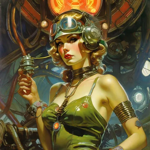 Prompt: An ominous and gloomy 

Atompunk pin-up
in the  middle of a doomed junkyard

full of hanging hoses and multicolored neon circuitry glowing in the  darkness

, a stunning Alphonse Mucha's masterpiece in <mymodel> sci-fi retro-futuristic  art deco artstyle by Anders Zorn and Joseph Christian Leyendecker

, neat and clear tangents full of negative space 

, a dramatic lighting with detailed shadows and highlights enhancing depth of perspective and 3D volumetric drawing

, a  vibrant and colorful high quality digital  painting in HDR