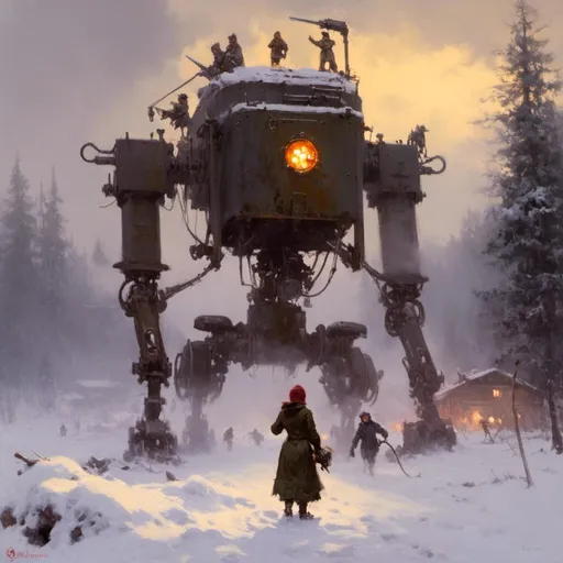 Prompt: An ominous and gloomy 

tinkerer wielder in the middle of 
a doomed snowy thundra 

while fixing a robot

with her blowtorch glowing in the darkness 

, a stunning Jakub Rozalski's masterpiece in <mymodel> sci-fi retro-futuristic  dieselpink artstyle by Anders Zorn and Joseph Christian Leyendecker

, neat and clear tangents full of negative space 

, a dramatic lighting with detailed shadows and highlights enhancing depth of perspective and 3D volumetric drawing

, a  vibrant and colorful high quality digital  painting in HDR