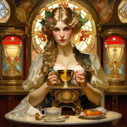Prompt: A holy coffee machine

, a stunning Alphonse Mucha's masterpiece in <mymodel> barroque rococo artstyle by Anders Zorn and Joseph Christian Leyendecker

, neat and clear tangents full of negative space 

, a dramatic lighting with detailed shadows and highlights enhancing depth of perspective and 3D volumetric drawing

, a  vibrant and colorful high quality digital  painting in HDR