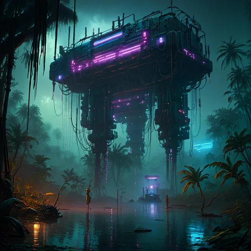 Prompt: An ominous and gloomy jungle 
in the middle of a gloomy doomed swamp

full  of hanging hoses and multicolored neon circuitry glowing in the darkness 

, a stunning John Avon's masterpiece in <mymodel>  sci-fi cyberpunk artstyle by Brian Mashburn and Gustave Dore

, a  dramatic lighting with detailed shadows and highlights enhancing perspective depth  and 3D volumetric drawing 

, vibrant and colorful digital painting in HDR  