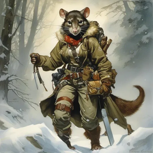 Prompt: A medieval anthropomorphic  wererat

tomb raider 

wearing an artic explorer outfit  with adventuring gear full of pockets and harness holster belts

in the middle  of a  snowstorm

, a stunning Alphonse Mucha's masterpiece in <mymodel> sci-fi fantasy  artstyle by Anders Zorn and Joseph Christian Leyendecker

, neat and clear tangents full of negative space 

, a dramatic lighting with detailed shadows and highlights enhancing depth of perspective and 3D volumetric drawing

, a  vibrant and colorful high quality digital  painting in HDR