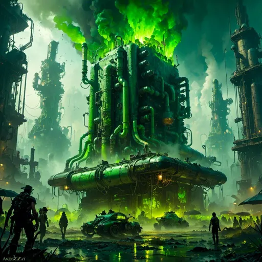 Prompt: A <mymodel> a concept environment art landscape  

of a gloomy and somber 
plaza

with a towering monolith ark 

full of oozing green glass tanks 

shedding flaring volumetric light shafts throughout the darkness 

of a threatening noxious toxic  wasteland metropolis engulfed by a rainstorm

, a stunning Donato Giancola masterpiece in post-apocalyptic sci-fi dieselpunk artstyle by Anders Zorn and Joseph Christian Leyendecker 

, neat and clear tangents full of negative space 

, ominous dramatic lighting with detailed shadows and highlights enhancing depth of perspective and 3D volumetric drawing

, colorful vibrant painting in HDR with shiny shimmering reflections