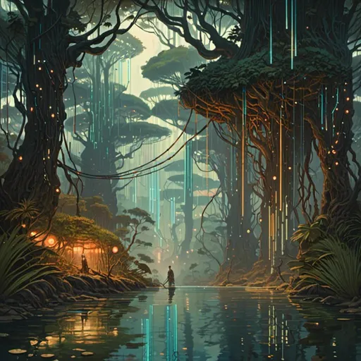 Prompt: The <mymodel> concept art landscape illustration of a threatening somber mangrove swamp with trees fully carved by multicolored circuitry patterns glowing throughout the darkness of a gloomy jungle full of hanging cables and hoses

, a stunning Alphonse mucha masterpiece in retro-futuristic sci-fi art deco artstyle by Anders Zorn and Joseph Christian Leyendecker 

, neat and clear tangents full of negative space 

, ominous dramatic lighting with detailed shadows and highlights enhancing depth of perspective and 3D volumetric drawing

, colorful vibrant painting in HDR with shiny shimmering reflections