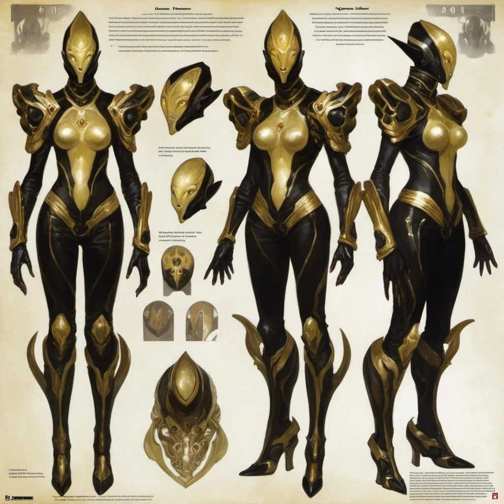 Prompt: A turnaround  reference sheet for the concept  character design of 

an ominous  and gloomy  <mymodel>  alien warframe glowing in the darkness

, a  stunning Peter Gric's sci-fi masterpiece by Anders  Zorn and Joseph Christian Leyendecker 

, neat and clear  tangents  full of negative space