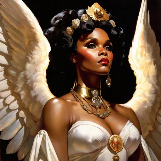 Prompt: A beautiful close-up portrait 

of the curvy and lustful Janelle Monae 

as an  ominous fierceful holy angel with an angelic halo glowing in the  darkness

, a stunning Alphonse Mucha's masterpiece in <mymodel> barroque rococo artstyle by Anders Zorn and Joseph Christian Leyendecker

, neat and clear tangents full of negative space 

, a dramatic lighting with detailed shadows and highlights enhancing depth of perspective and 3D volumetric drawing

, a  vibrant and colorful high quality digital  painting in HDR