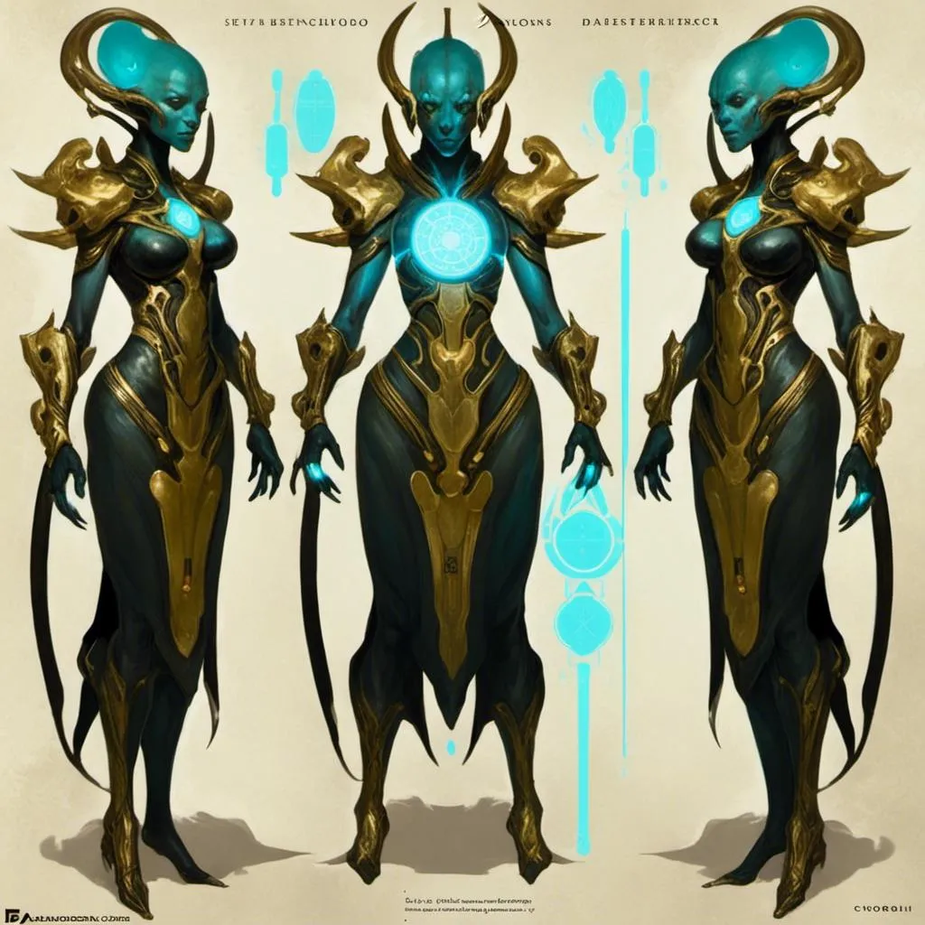 Prompt: A turnaround  reference sheet for the concept  character design of 

an ominous  and gloomy  <mymodel>  alien warframe with cyan circuitry carvings glowing in the darkness

, a  stunning Zdzislaw Beksinski's sci-fi masterpiece by Anders  Zorn and Joseph Christian Leyendecker 

, neat and clear  tangents  full of negative space