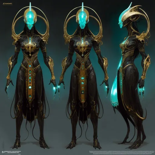 Prompt: A turnaround  reference sheet for the concept  character design of 

an ominous  and gloomy  <mymodel>  alien warframe with cyan circuitry carvings glowing in the darkness

, a  stunning Giger's sci-fi masterpiece by Zdzislaw Beksinski and Peter Gric Leyendecker 

, neat and clear  tangents  full of negative space