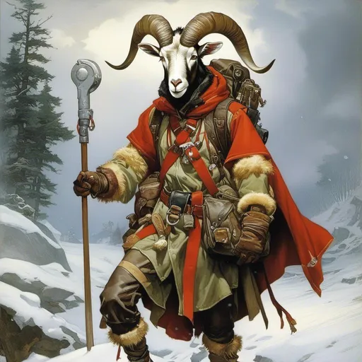 Prompt: A medieval anthropomorphic  

goat

scout

wearing an artic explorer outfit  with adventuring gear full of pockets and harness holster belts

in the middle  of a  snowstorm

, a stunning Alphonse Mucha's masterpiece in <mymodel> sci-fi fantasy  artstyle by Anders Zorn and Joseph Christian Leyendecker

, neat and clear tangents full of negative space 

, a dramatic lighting with detailed shadows and highlights enhancing depth of perspective and 3D volumetric drawing

, a  vibrant and colorful high quality digital  painting in HDR
