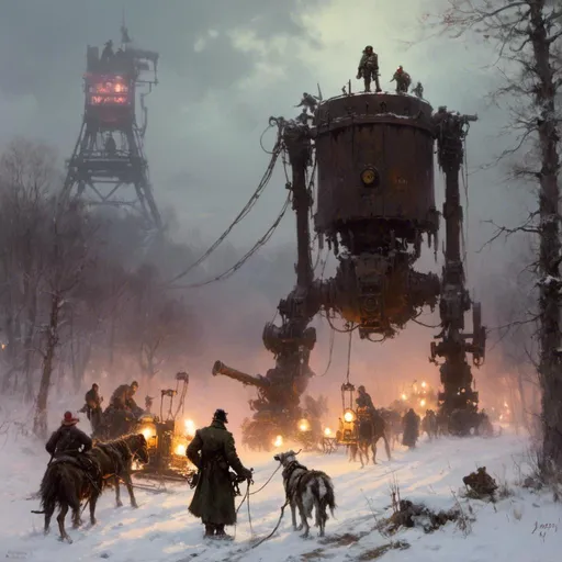 Prompt: An ominous and gloomy 

towering mecanical monolith

in the middle of 
a doomed snowy thundra 

full of scattered hoses 
and lamps glowing in the darkness 

, a stunning Jakub Rozalski's masterpiece in <mymodel> sci-fi retro-futuristic  dieselpink artstyle by Anders Zorn and Joseph Christian Leyendecker

, neat and clear tangents full of negative space 

, a dramatic lighting with detailed shadows and highlights enhancing depth of perspective and 3D volumetric drawing

, a  vibrant and colorful high quality digital  painting in HDR
