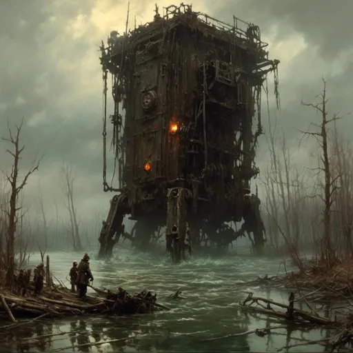 Prompt: A <mymodel> landscape picture 

of an ominous and gloomy 
mechanical  monolith

glowing  in the darkness of  a doomed flooded mangroove

, a stunning Donato Giancola's masterpiece by Anders Zorn and  Joseph Christian Leyendecker