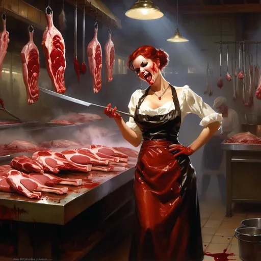 Prompt: Concept art illustration

of a beautiful luxurious pin-up 

making a malicious silly face

while slicing meat in the middle 

of her gloomy vintage butcher shop

full of gory meat hanging carcasses with oozing blood

, a stunning Luis Royo masterpiece in <mymodel> art deco horror artstyle by Anders Zorn and Joseph Christian Leyendecker 

, neat and clear tangents full of negative space 

, ominous dramatic lighting with detailed shadows and highlights enhancing depth of perspective and 3D volumetric drawing

, colorful vibrant painting in HDR