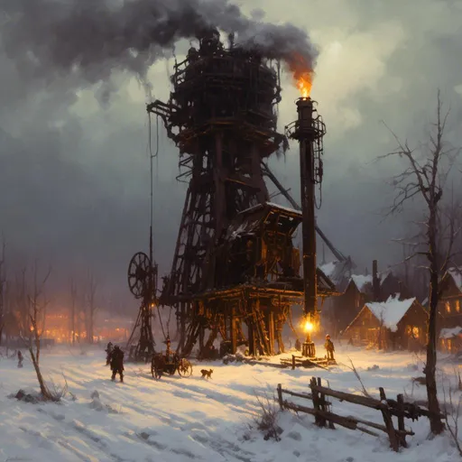 Prompt: A <mymodel> landscape picture 

of an ominous and gloomy 
oil pump station

glowing  in the darkness of  a doomed snowy thundra

, a stunning Donato Giancola's masterpiece by Anders Zorn and  Joseph Christian Leyendecker