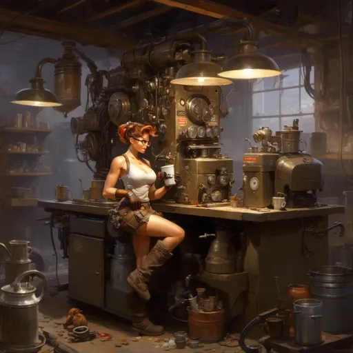 Prompt: A <mymodel> concept art landscape

of a cute and nerdy mechanic tinkerer artificer pin-up with a curvy and muscly perfect body shape while fixing a coffee machine in the middle of her goomy and dark industrial garage

, a stunning alejandro burdisio masterpiece in post-apocalyptic sci-fi dieselpunk artstyle by Anders Zorn and Joseph Christian Leyendecker 

, neat and clear tangents full of negative space 

, ominous dramatic lighting with detailed shadows and highlights enhancing depth of perspective and 3D volumetric drawing

, colorful vibrant painting in HDR with shiny shimmering reflections