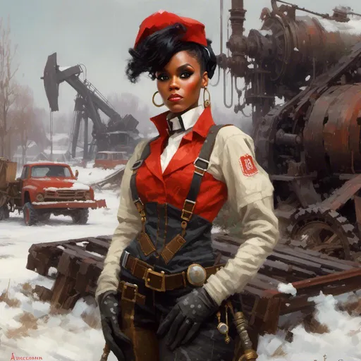 Prompt: A beutiful portrait of Janelle Monae dressed as a mechanic tinkerer within a  snowy junkyard

in <mymodel> artstyle

, a stunning Donato Giancola's masterpiece by Anders Zorn and  Joseph Christian Leyendecker