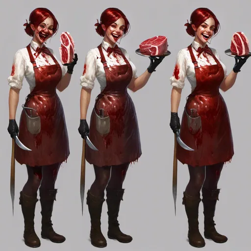 Prompt: A  turnaround reference sheet for the concept character design of a beautiful luxurious butcher making malicious silly smile while wearing a gory apron full of oozing blood

, a stunning Donato Giancola masterpiece in <mymodel> gothic sci-fi artstyle by Anders Zorn and Joseph Christian Leyendecker 

, neat and clear tangents full of negative space 

, ominous dramatic lighting with detailed shadows and highlights enhancing depth of perspective and 3D volumetric drawing

, colorful vibrant painting in HDR