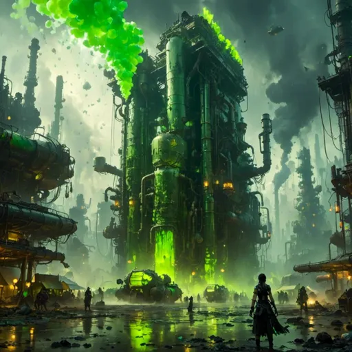 Prompt: A <mymodel> a concept environment art landscape  

of a gloomy and somber 
plaza

with a towering monolith ark 

full of oozing green glass tanks 

shedding flaring volumetric light shafts throughout the darkness 

of a threatening noxious toxic  wasteland metropolis engulfed by a rainstorm

, a stunning Donato Giancola masterpiece in post-apocalyptic sci-fi dieselpunk artstyle by Anders Zorn and Joseph Christian Leyendecker 

, neat and clear tangents full of negative space 

, ominous dramatic lighting with detailed shadows and highlights enhancing depth of perspective and 3D volumetric drawing

, colorful vibrant painting in HDR with shiny shimmering reflections