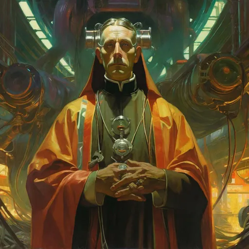 Prompt: An ominous and gloomy 

Priest 
in the  middle of a doomed junkyard

full of hanging hoses and multicolored neon circuitry glowing in the  darkness

, a stunning Alphonse Mucha's masterpiece in <mymodel> sci-fi retro-futuristic  art deco artstyle by Anders Zorn and Joseph Christian Leyendecker

, neat and clear tangents full of negative space 

, a dramatic lighting with detailed shadows and highlights enhancing depth of perspective and 3D volumetric drawing

, a  vibrant and colorful high quality digital  painting in HDR