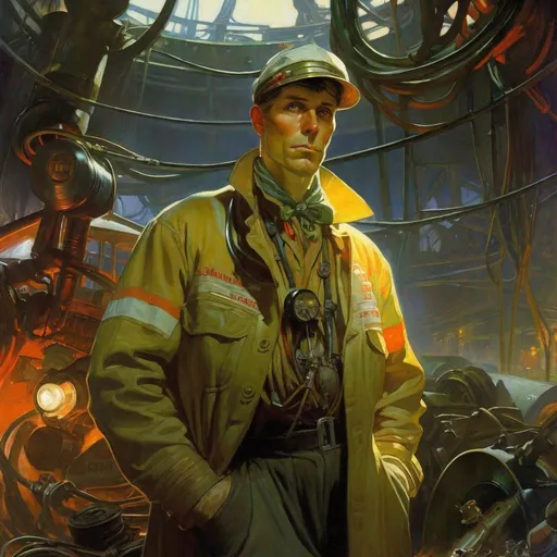 Prompt: An ominous and gloomy 

Mechanic engineer 
in the  middle of a doomed junkyard

full of hanging hoses and multicolored neon circuitry glowing in the  darkness

, a stunning Alphonse Mucha's masterpiece in <mymodel> sci-fi retro-futuristic  art deco artstyle by Anders Zorn and Joseph Christian Leyendecker

, neat and clear tangents full of negative space 

, a dramatic lighting with detailed shadows and highlights enhancing depth of perspective and 3D volumetric drawing

, a  vibrant and colorful high quality digital  painting in HDR