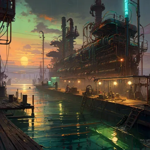 Prompt: A <mymodel> landscape artwork of ominous and gloomy 

docks

on a doomed  seashore

full of scattered hoses and pipes

with multicolored neon circuitry glowing in the darkness

, a stunning Alphonse Mucha's masterpiece in  sci-fi retro-futuristic art deco artstyle by Anders Zorn and Joseph Christian Leyendecker

, neat and clear tangents full of negative space 

, a dramatic lighting with detailed shadows and highlights enhancing depth of perspective and 3D volumetric drawing

, a  vibrant and colorful high quality digital  painting in HDR