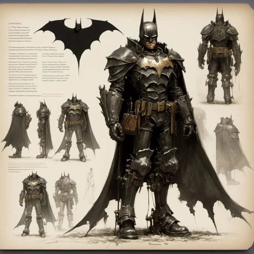 Prompt: A <mymodel> turnaround reference sheet for the concept character design of 

an ominous and gloomy armored Batman


, a stunning Alphonse Mucha's masterpiece by Anders Zorn and  Joseph Christian Leyendecker

, dramatic lighting  with detailed shadows and highlights increasing depth of perspective and 3D volumetric drawing 
