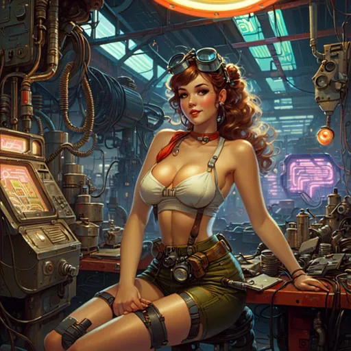Prompt: A <mymodel> landscape artwork of a curvy and lustful 

pin-up dressed  as a mechanic tinkerer in the middle  
of a gloomy junkyard

full of multicolored neon circuit board patterns glowing in the darkness

, a stunning Alphonse Mucha's masterpiece in  sci-fi retro-futuristic art deco artstyle by Anders Zorn and Joseph Christian Leyendecker

, neat and clear tangents full of negative space 

, ominous dramatic lighting with detailed shadows and highlights enhancing depth of perspective and 3D volumetric drawing

, a  vibrant and colorful high quality digital  painting in HDR