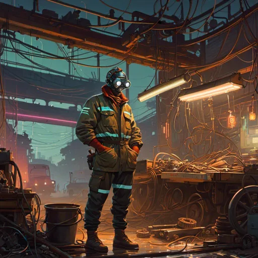 Prompt: A <mymodel> landscape artwork of an ominous and gloomy 

mechanic welder in the middle  
of a doomed junkyard

full of hanging hoses and  multicolored neon circuit board patterns glowing in the darkness

, a stunning Alphonse Mucha's masterpiece in  sci-fi retro-futuristic art deco artstyle by Anders Zorn and Joseph Christian Leyendecker

, neat and clear tangents full of negative space 

, a dramatic lighting with detailed shadows and highlights enhancing depth of perspective and 3D volumetric drawing

, a  vibrant and colorful high quality digital  painting in HDR