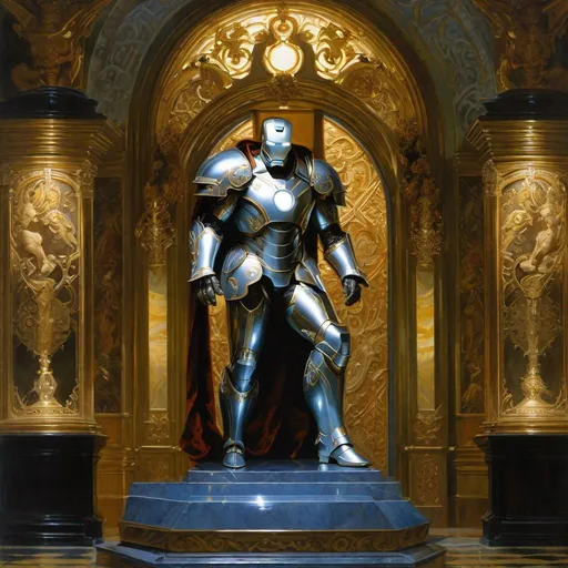 Prompt: A holy iron man paladin made of a wrought iron full of delicate filigree and carvings with bluish light shedding in the darkness 

, a stunning Donato Giancola's masterpiece in <mymodel> barroque rococo artstyle by Anders Zorn and Joseph Christian Leyendecker

, neat and clear tangents full of negative space 

, a dramatic lighting with detailed shadows and highlights enhancing depth of perspective and 3D volumetric drawing

, a  vibrant and colorful high quality digital  painting in HDR