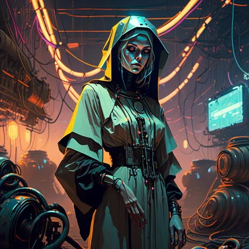 Prompt: An ominous and gloomy 

Nun 
in the  middle of a doomed junkyard

full of hanging hoses and multicolored neon circuitry glowing in the  darkness

, a stunning Alphonse Mucha's masterpiece in <mymodel> sci-fi retro-futuristic  art deco artstyle by Anders Zorn and Joseph Christian Leyendecker

, neat and clear tangents full of negative space 

, a dramatic lighting with detailed shadows and highlights enhancing depth of perspective and 3D volumetric drawing

, a  vibrant and colorful high quality digital  painting in HDR