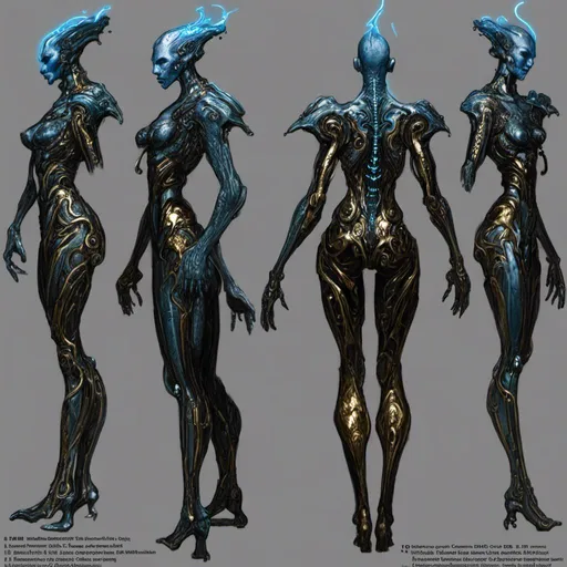 Prompt: A  <mymodel>  
turnaround reference sheet for the concept  character design of 

an ominous and  gloomy  warframe cyborg 

full of carved bluish circuit board lanes glowing  in the  darkness 

, a stunning Donato Giancola's masterpiece by Peter Gric and Giger

, a dramatic lighting with detailed shadows and highlights enhancing depth of perspective and 3D volumetric drawing

, a  vibrant and colorful high quality digital  painting in HDR