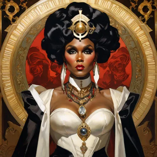 Prompt: A beautiful close-up portrait 

of the curvy and lustful Janelle Monae 

as an  ominous fierceful holy priestess 

, a stunning Alphonse Mucha's masterpiece in <mymodel> barroque rococo artstyle by Anders Zorn and Joseph Christian Leyendecker

, neat and clear tangents full of negative space 

, a dramatic lighting with detailed shadows and highlights enhancing depth of perspective and 3D volumetric drawing

, a  vibrant and colorful high quality digital  painting in HDR