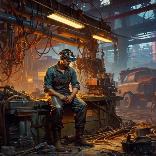 Prompt: A <mymodel> landscape artwork of an ominous and gloomy 

mechanic welder in the middle  
of a doomed junkyard

full of hanging hoses and  multicolored neon circuit board patterns glowing in the darkness

, a stunning Alphonse Mucha's masterpiece in  sci-fi retro-futuristic art deco artstyle by Anders Zorn and Joseph Christian Leyendecker

, neat and clear tangents full of negative space 

, a dramatic lighting with detailed shadows and highlights enhancing depth of perspective and 3D volumetric drawing

, a  vibrant and colorful high quality digital  painting in HDR