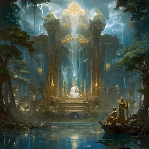 Prompt: A <mymodel> a concept environment art landscape 

of a gloomy and somber flooded mangrove swamp

with a lustrous towering divine monolith ark made of white and blue marble full of golden ornaments 

with it's reflections shedding flaring volumetric light shafts throughout the darkness 

of a threatening sinister jungle engulfed by a lightning rainstorm

, a stunning Alphonse  Mucha masterpiece in vintage art deco brutalism artstyle by Anders Zorn and Joseph Christian Leyendecker 

, neat and clear tangents full of negative space 

, ominous dramatic lighting with macabre somber shadows and highlights enhancing depth of perspective and 3D volumetric drawing

, colorful vibrant painting in HDR with shiny shimmering reflections and intricate detailed ambient occlusion