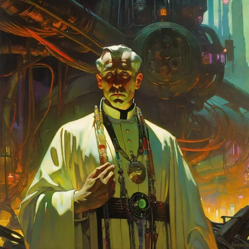 Prompt: An ominous and gloomy 

Priest 
in the  middle of a doomed junkyard

full of hanging hoses and multicolored neon circuitry glowing in the  darkness

, a stunning Alphonse Mucha's masterpiece in <mymodel> sci-fi retro-futuristic  art deco artstyle by Anders Zorn and Joseph Christian Leyendecker

, neat and clear tangents full of negative space 

, a dramatic lighting with detailed shadows and highlights enhancing depth of perspective and 3D volumetric drawing

, a  vibrant and colorful high quality digital  painting in HDR