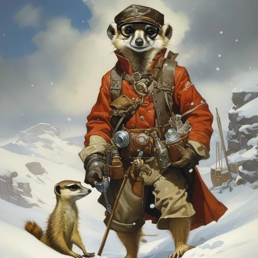 Prompt: A medieval anthropomorphic  

meerkat

tinkerer artificer

wearing an artic explorer outfit  with adventuring gear full of pockets and harness holster belts

in the middle  of a  snowstorm

, a stunning Alphonse Mucha's masterpiece in <mymodel> sci-fi fantasy  artstyle by Anders Zorn and Joseph Christian Leyendecker

, neat and clear tangents full of negative space 

, a dramatic lighting with detailed shadows and highlights enhancing depth of perspective and 3D volumetric drawing

, a  vibrant and colorful high quality digital  painting in HDR