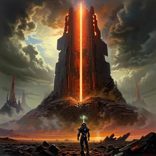 Prompt: A threatening sinister monolith 
full of multicolored circuitry carvings shedding flaring volumetric light shafts in the darkness of gloomy charred lava field engulfed by the smoggy carbon clouds

, a stunning John Avon masterpiece in <mymodel> retro-futuristic sci-fi arc deco artstyle by Anders Zorn and Joseph Christian Leyendecker 

, neat and clear tangents full of negative space 

, ominous dramatic lighting with detailed shadows and highlights enhancing depth of perspective and 3D volumetric drawing

, colorful vibrant painting in HDR with shiny shimmering reflections