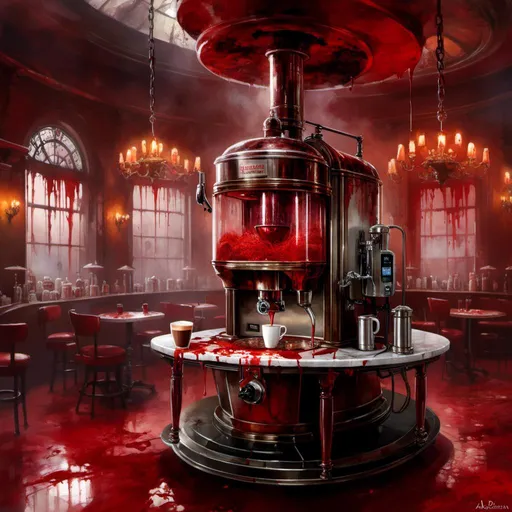 Prompt: Concept art illustration

of a beautiful luxurious 

coffee machine 

in the  middle of a  gory and bloody marble pub full of oozing blood

, a stunning Luis Royo masterpiece in <mymodel> art deco horror artstyle by Anders Zorn and Joseph Christian Leyendecker 

, neat and clear tangents full of negative space 

, ominous dramatic lighting with detailed shadows and highlights enhancing depth of perspective and 3D volumetric drawing

, colorful vibrant painting in HDR